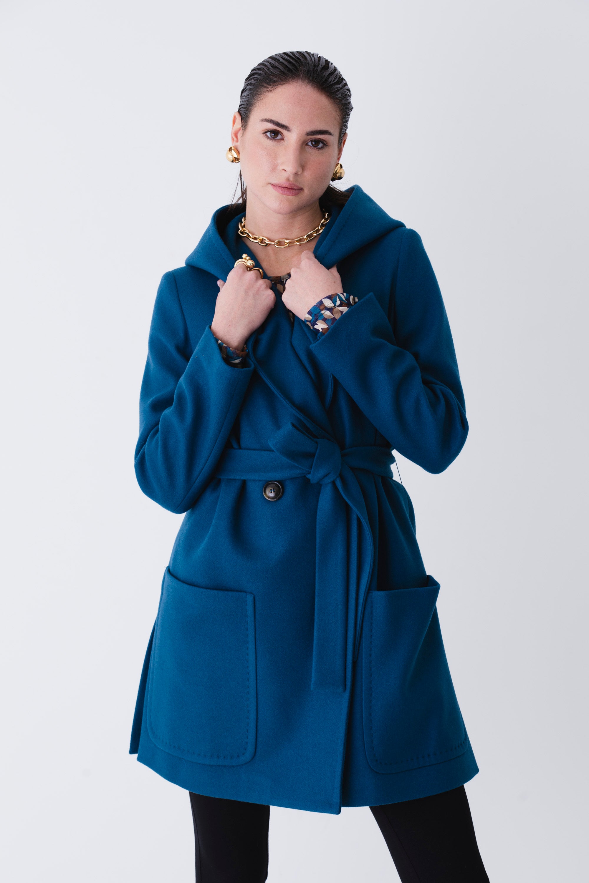 Cappotto midi doppio petto con cappuccio in misto lana - FW25