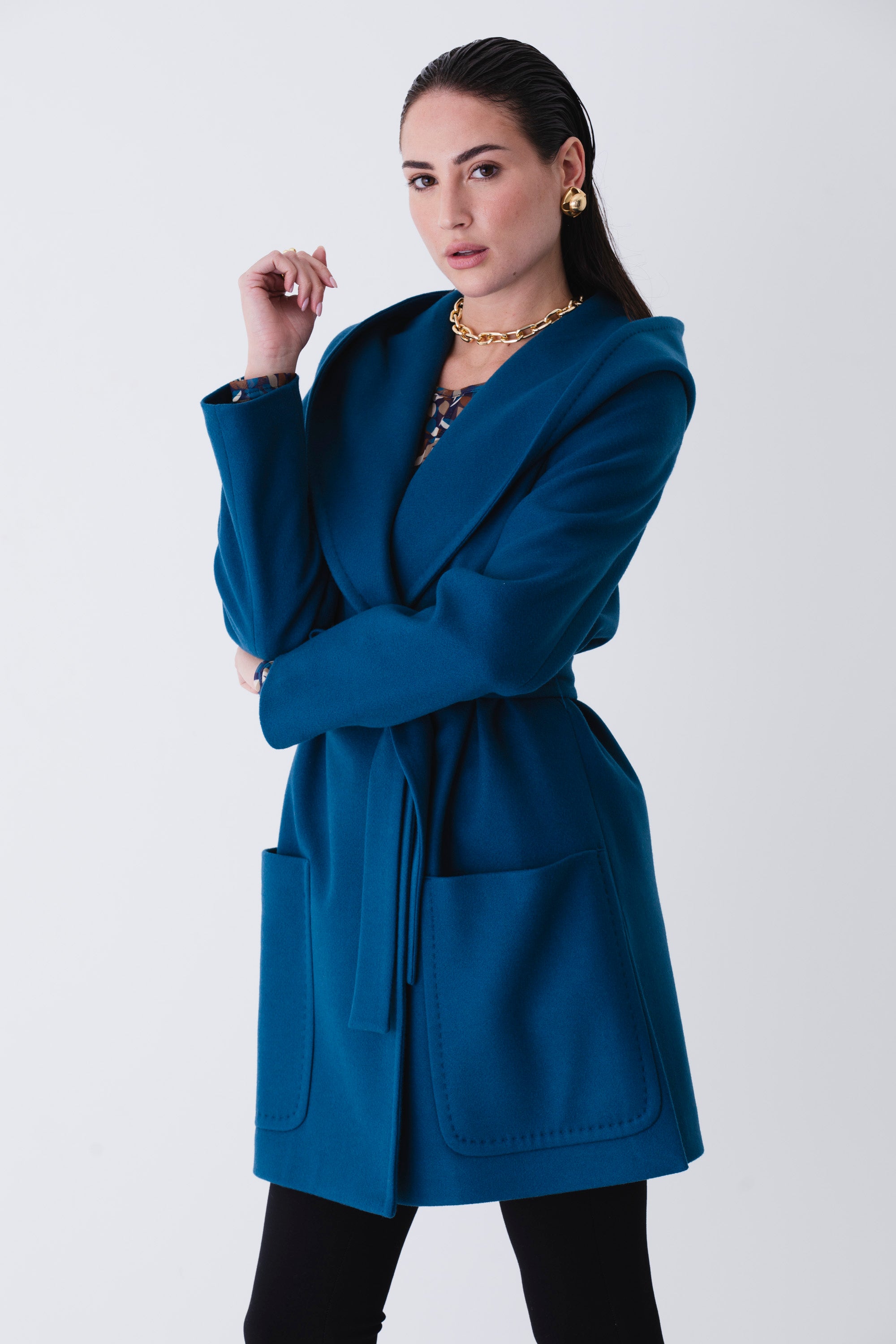 Cappotto midi doppio petto con cappuccio in misto lana - FW25