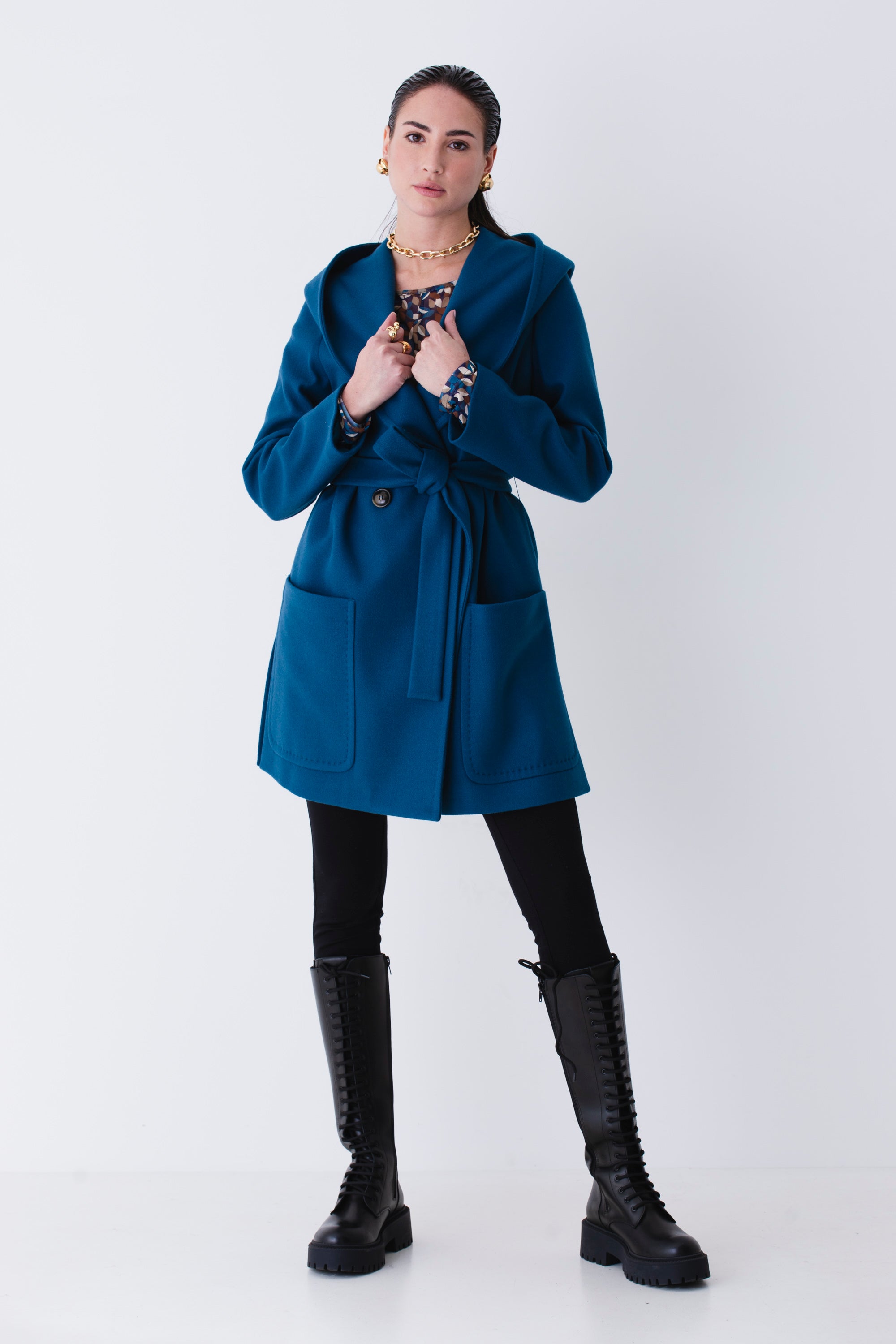 Cappotto midi doppio petto con cappuccio in misto lana - FW25