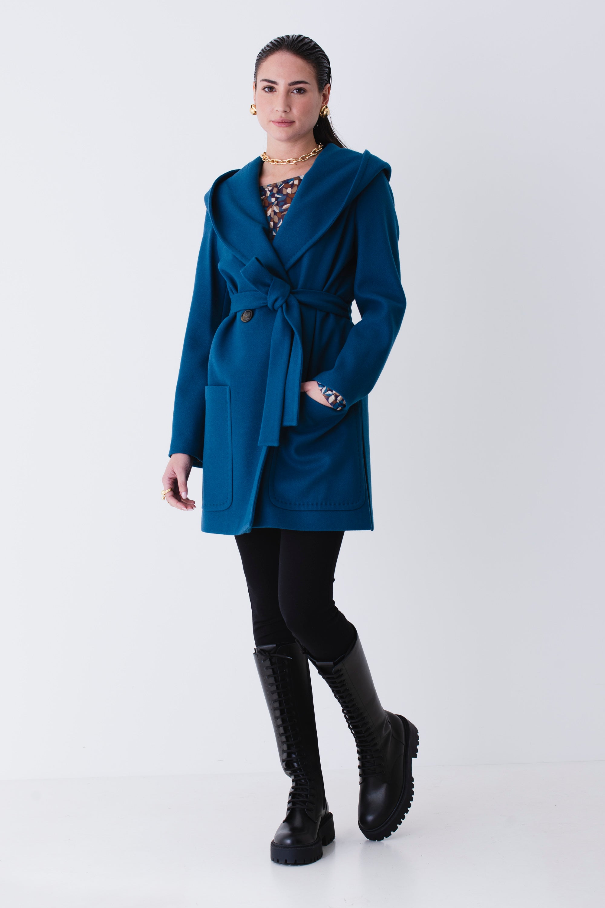 Cappotto midi doppio petto con cappuccio in misto lana - FW25